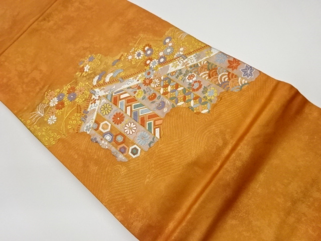 JAPANESE KIMONO / VINTAGE NAGOYA OBI / WOVEN FLOWER & TRADITIONAL PATTERN